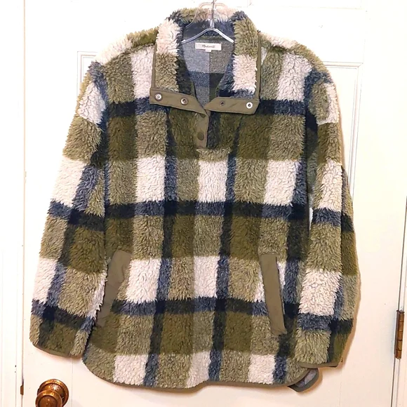 Madewell Olive Plaid Sherpa Popover Tunic Fleece Jacket, Size S - Picture 4 of 10